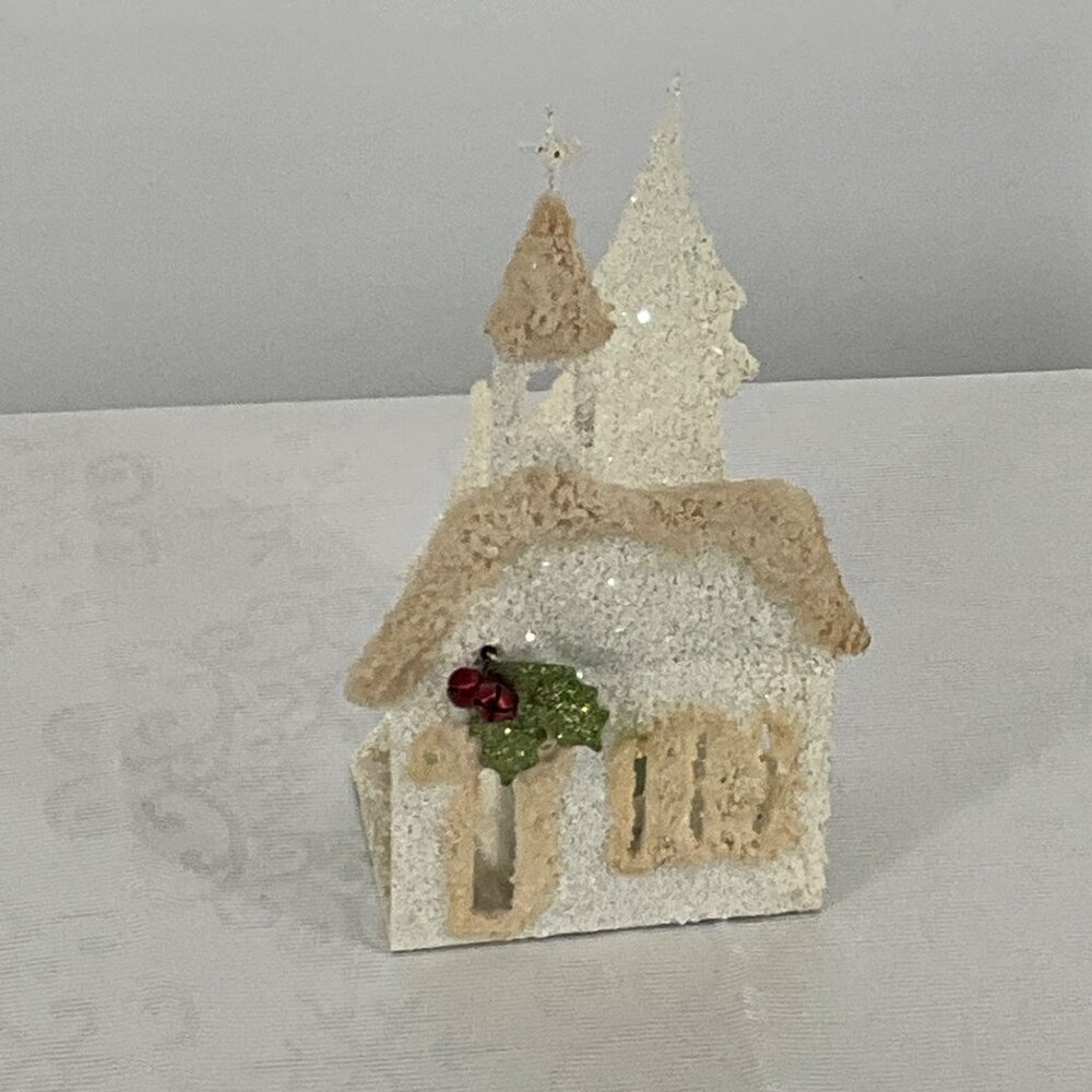 Vintage Glittered Paper Metal Church Tea Light Holder Christmas Decoration‎